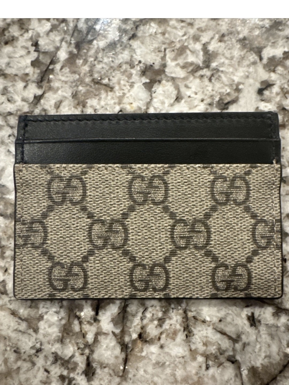 Gucci Beige GG Supreme Canvas Card Holder with Dark Brown  Leather Trim